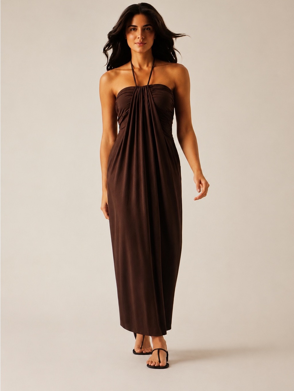 New with Tag! Halara Brown Halter Tie Back Maxi Dress with Pockets sz M